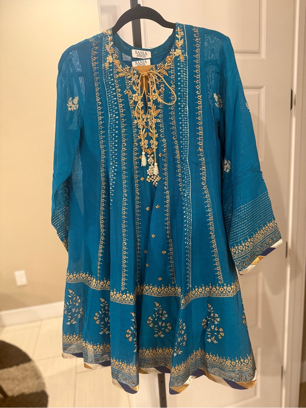 Sania Teal Long-Sleeve Embroidered Dress
